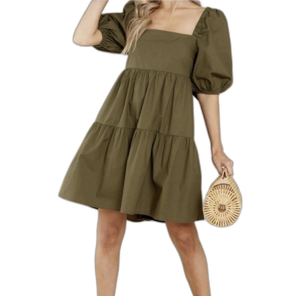 Olive Green 100% Cotton Puff Sleeve Tie Back Ruffle Boho Festival Dress Sz 6